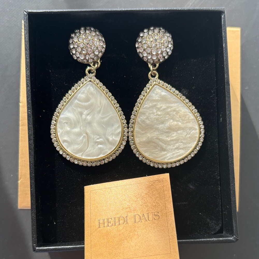 Heidi Daus Gold-Trim White Mother-of-Pearl Teardrop Crystal Earrings